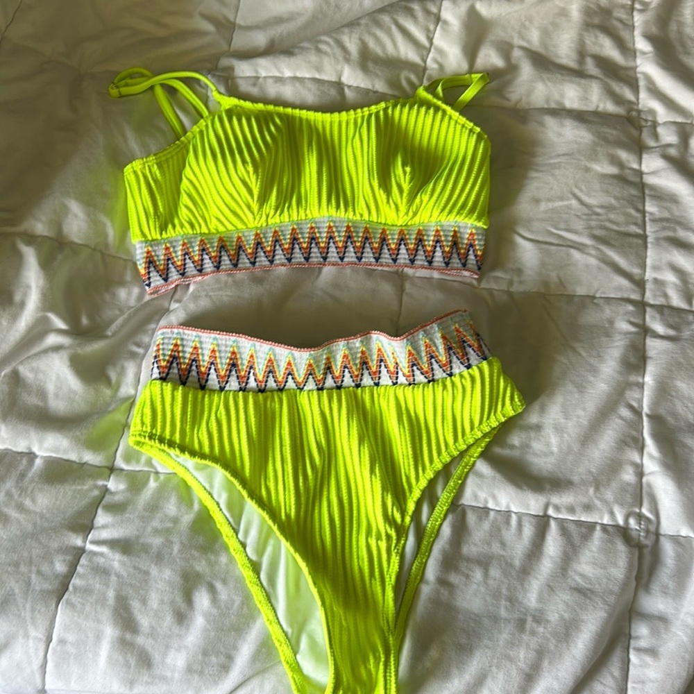 Bikini,bright yellow with many other colors,worn once